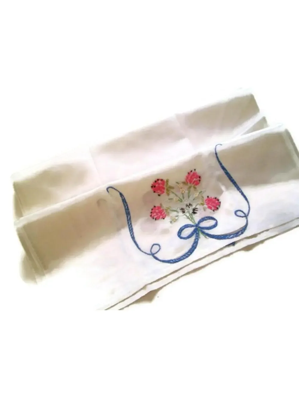 Vintage Embroidered Table Scarf: Floral Ribbon Cotton Table Runner